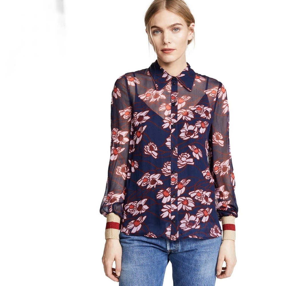 Baum und Pferdgarten Madrona‎ Blouse Daisy Bubblegum Floral Navy Sheer Cuffs